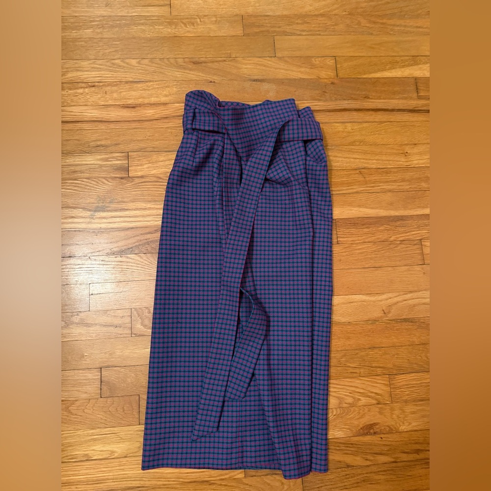 Zara Midi Purple & Blue Paper Bag Wrap Tie Skirt, Size Medium